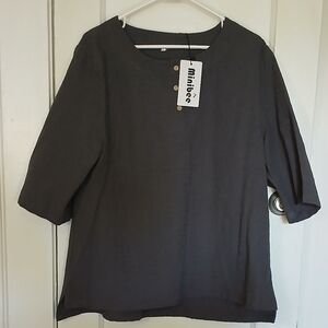 Minibee Blouse Top Charcoal Gray Linen Cotton Gauze Womens Large Lagenlook NWT‎